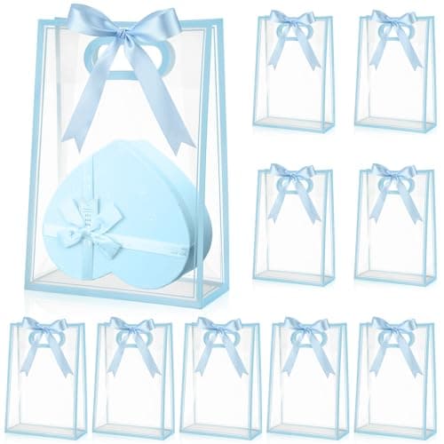 Aliceset Clear Plastic Gift Bag with Die Cut Handle Reusable PP Favor Bag with Ribbon for Graduation Wedding Bridal Birthday Baby Shower Party Small Business10x7x315inBlue12 Pcs