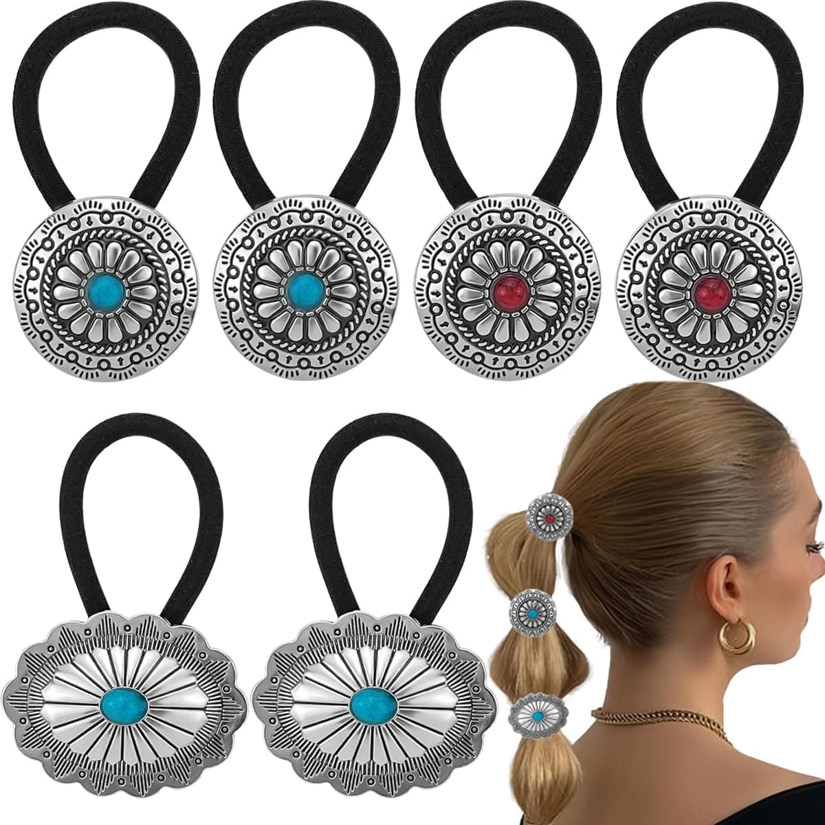 6 PCS Metal Western Style Ponytail Holders Boho Hair Ties Flower Circular Hair Ropes Vintage Squash Blossom Hair Ropes Vintage Turquoise Concho Squash Blossom Hair Bands for Women Girls