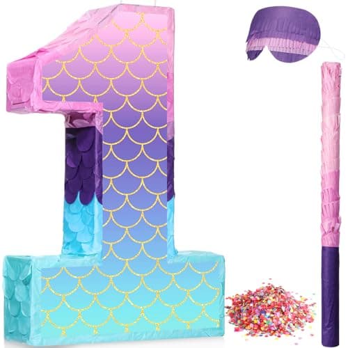 Shappy 16 Inch Mermaid Piata Purple Number Birthday Piata Party with Stick Blindfold Confetti for Anniversary Celebration Birthday Decoration SuppliesNumber 1