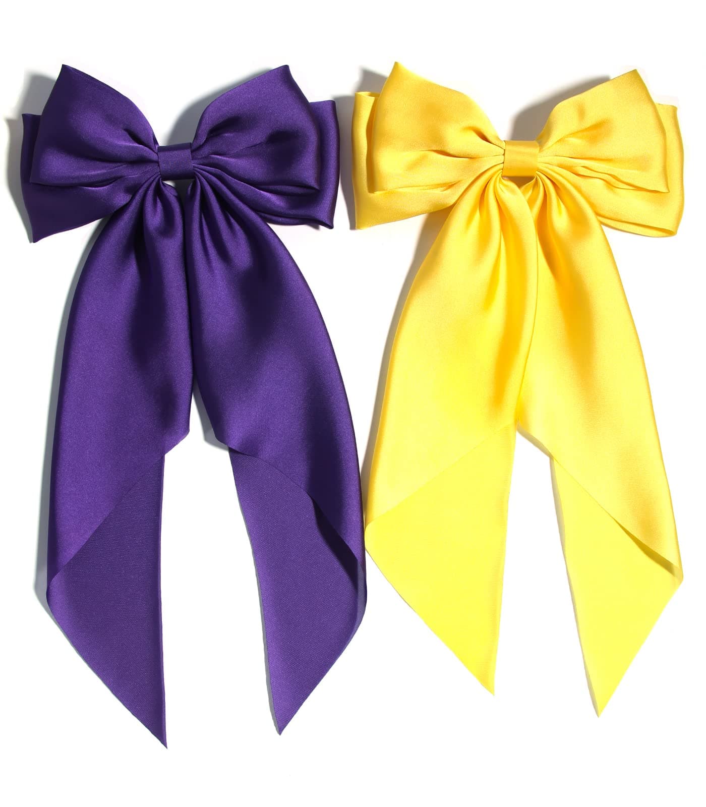 Furling Pompoms Big Bow Hair Barrette Clips Soft Satin Silky Bowknot with long Tail French Barrette Hair Clip Hair Scrunchie Cute Gifts for Women Girls Purple Gold