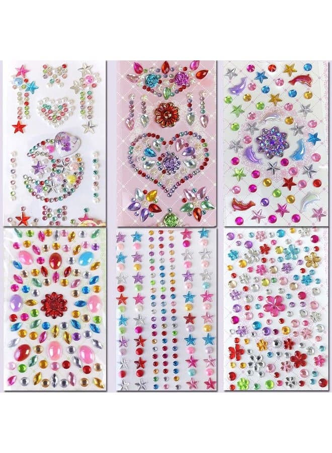 6 Sheets Eye Face Body Gems Jewels Rhinestone Temporary Tattoo Nail Art Stickers, Self Adhesive Crystal Rainbow Makeup Mobile PC Diamonds Face Stick Gems for Party Body Rhinestone