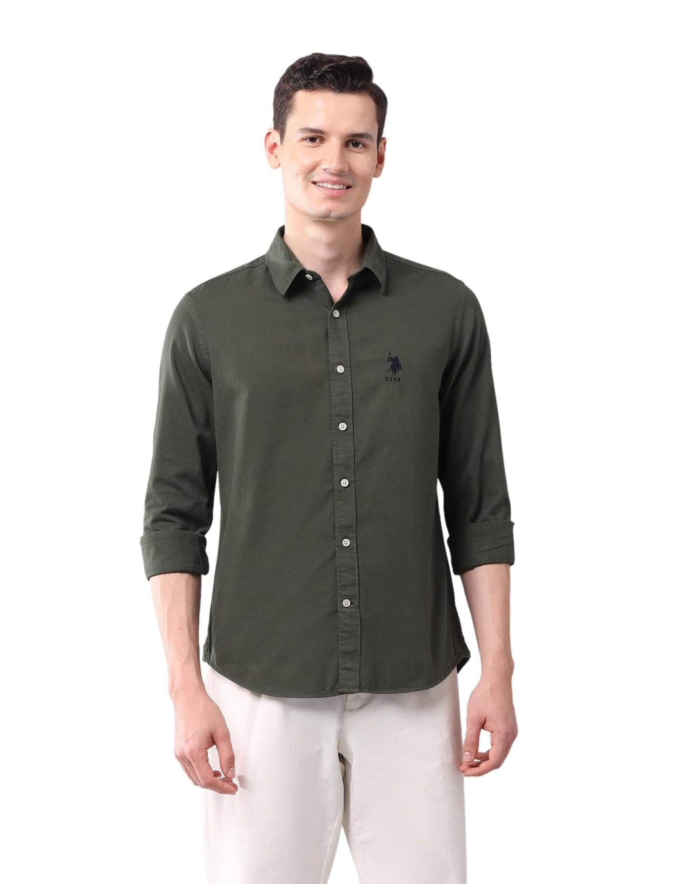 U.S. POLO ASSN. Denim Co. Men's Green Solid Spread Collar Full Sleeve Casual Cotton Slim Fit Shirt (UDSHTFX0321_Green_40)