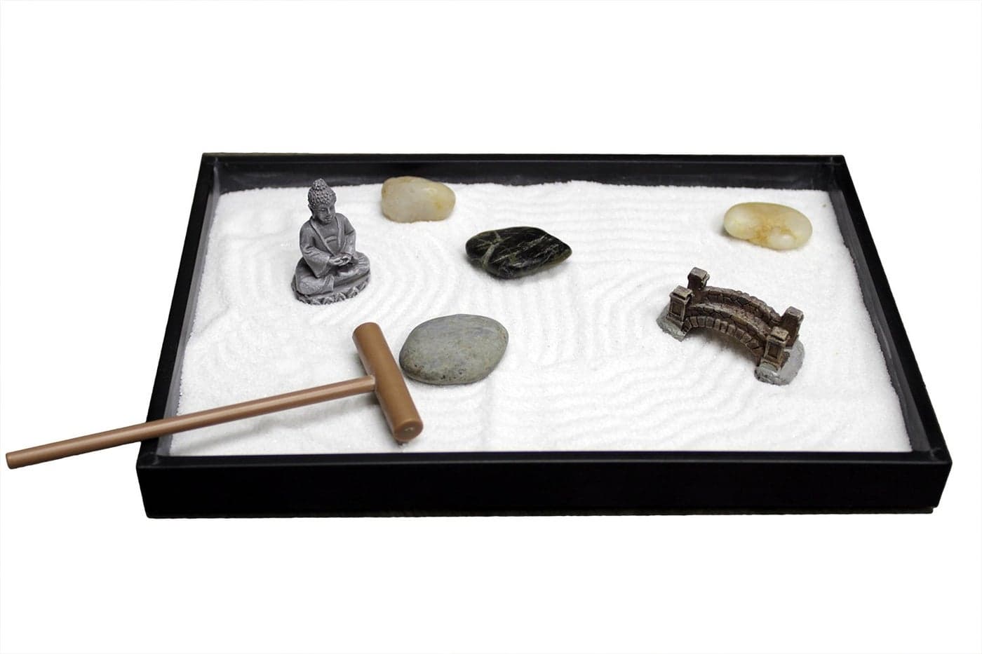 Natures Mark Mini Zen Garden Kit for Desk with Rake White Sand Buddha Figure Bridge Figure and River Rocks Black Rectangle Base