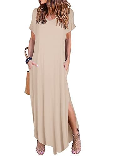 Arolina Women's Summer Maxi Dress Short Sleeve V Neck Casual Loose Long Beach Split Dresses with Pockets Coffee