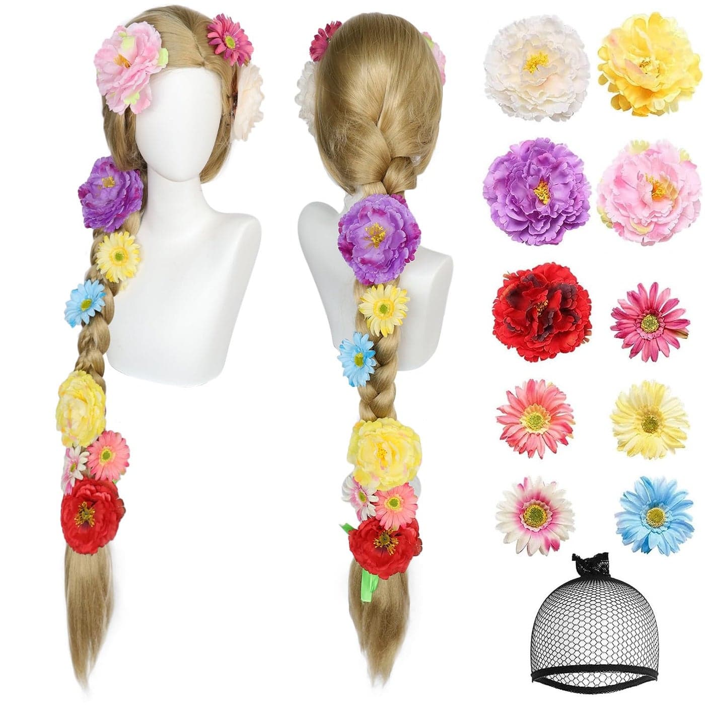 Anogol Wig Cap(10 Flowers)51inch Blonde Braided Wig for Tangled Wig Cosplay for Women Long Blonde Braid Wig with Flowers Halloween Costume Cosplay Fairy Princess Party Wig(Flowers 5*Large+5*Small)