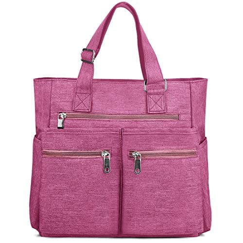 VOLGANIK ROCK Canvas Tote Bag Waterproof Nylon Multi Pocket Shoulder Bags Laptop Work Bag Teacher Purse and Handbags for Women & Men (Pink 2)