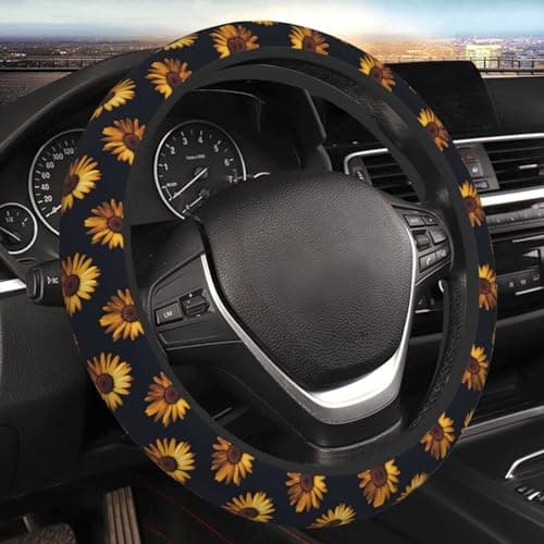 FJyuanqi Yellow Sunflowers Steering Wheel Cover for Women AntiSlip High Elastic Breathable Soft Rubber Car Steering Wheel Protective Cover Universal 15 Inch Fit for Cars Auto SUVs