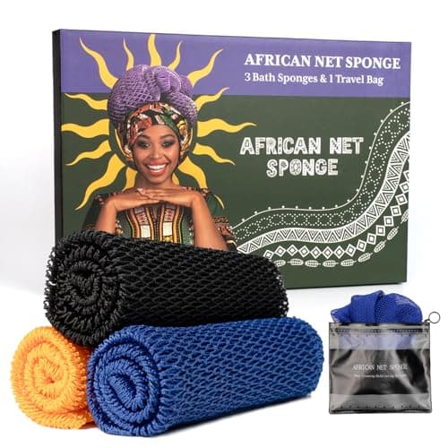 Bathway African Net Sponge Authentic 3 Pieces with Storage Bag, African Exfoliating Net Sponge Washcloth, Exfoliating Body Scrubber Bath Sponge Bathing Accessories (Blue & Black & Golden)