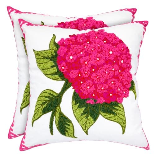 Alysheer Hydrangea Embroidered Decorative Throw Pillow Covers 18"x 18" Set of 2, Summer Floral Tufted Patterned Hot Pink Cotton Cushion Cases for Couch Bed Living Room Decor