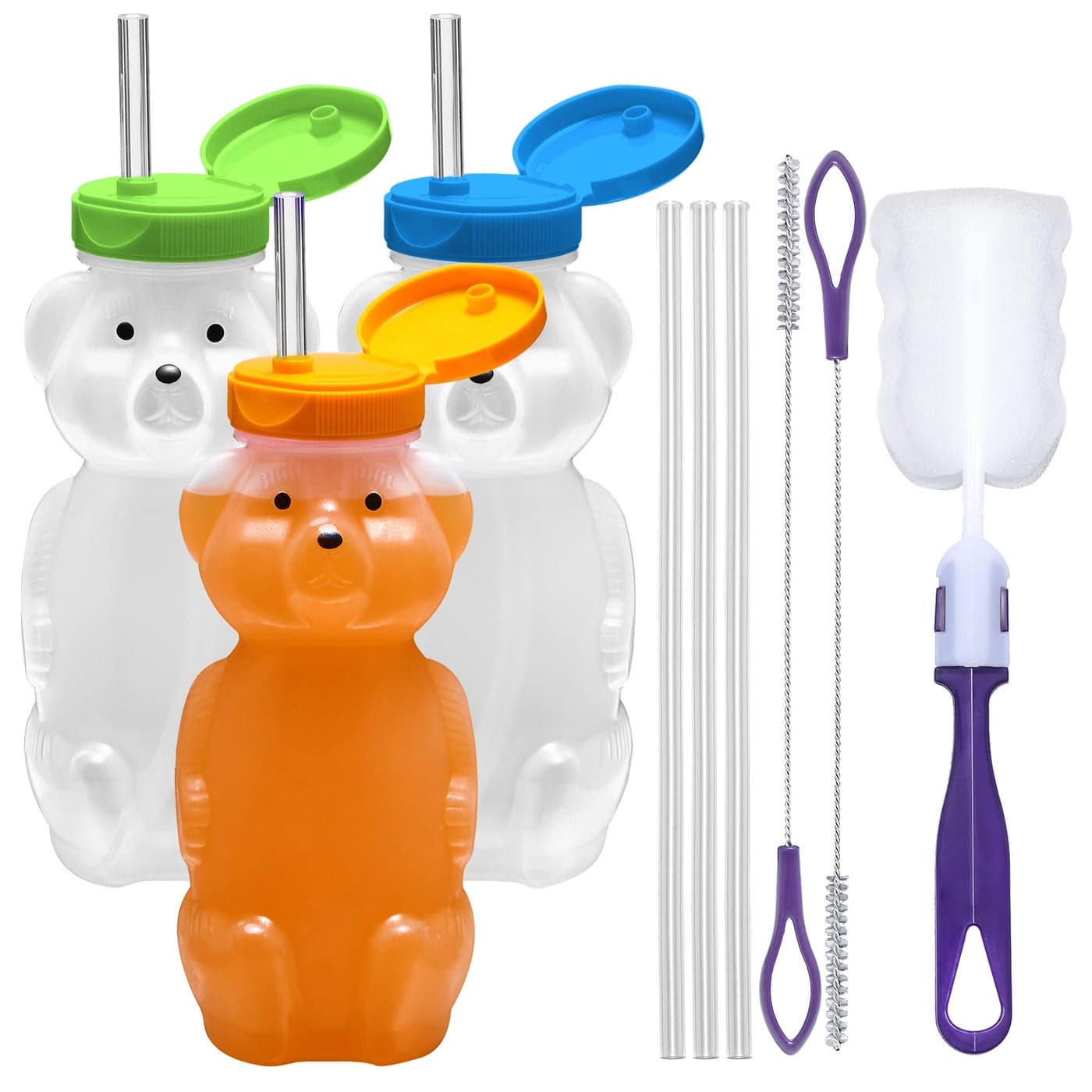 Special Supplies Honey Bear Straw Cup For Babies, 3-Pack Squeezable Therapy and Special Needs Assistive Drink Container, Spill Proof and Leak Resistant Lid