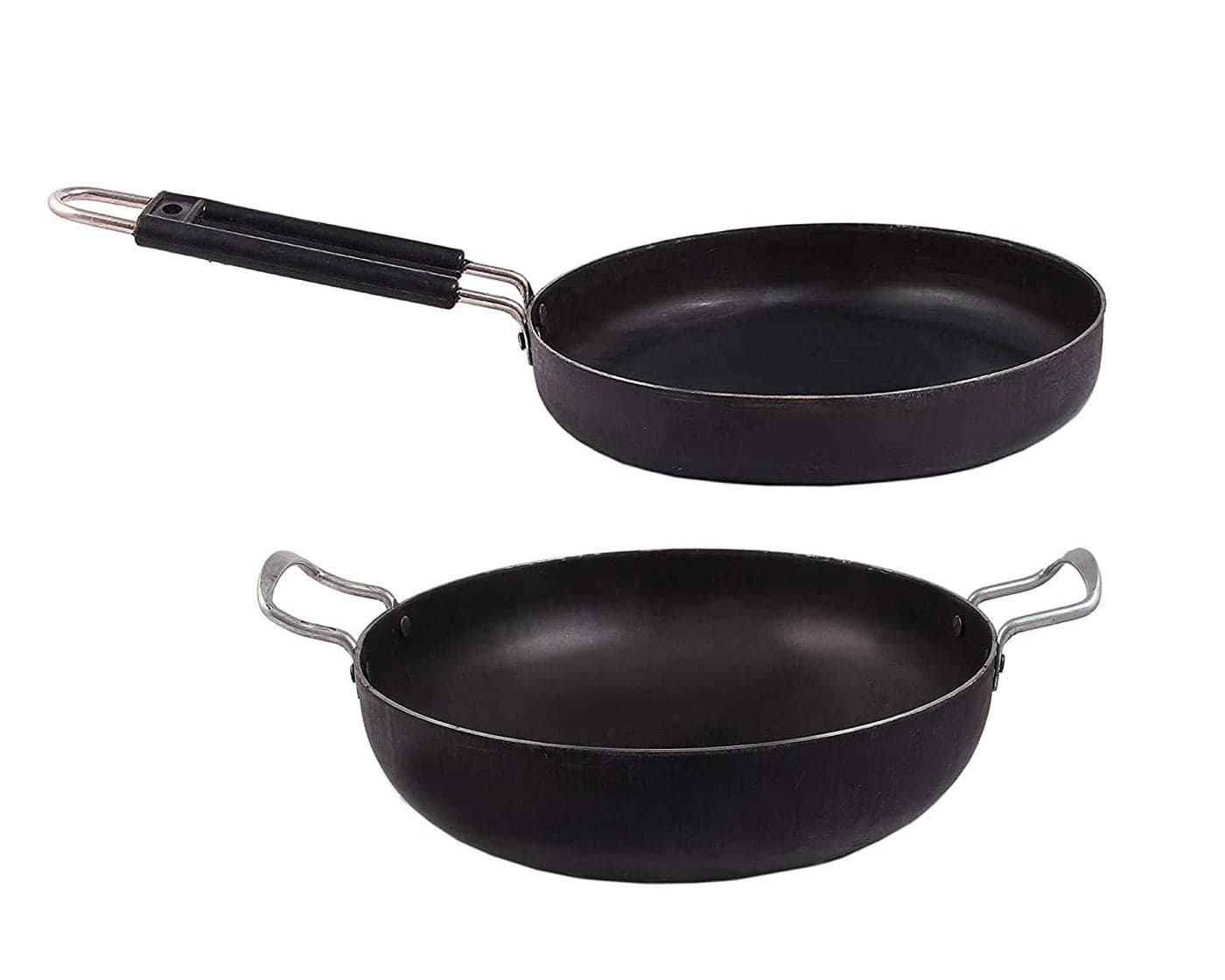 KITCHEN SHOPEE Iron Cookware Set 2 combo Kadai Cooking deep Kadhai Heavy Base Multipurpose use 10 in 8 in Iron Fry pan with Steel Handle 4 Liters Induction Friendly color black