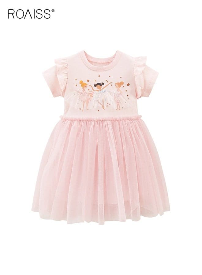 Girl's Summer Dress with Adorable Patterns and Tulle Hem, Cotton Ruffled Short Sleeve Dress, Casual Stylish Sundress for Little Girls, Suitable for Daily Wear or Any Occasion