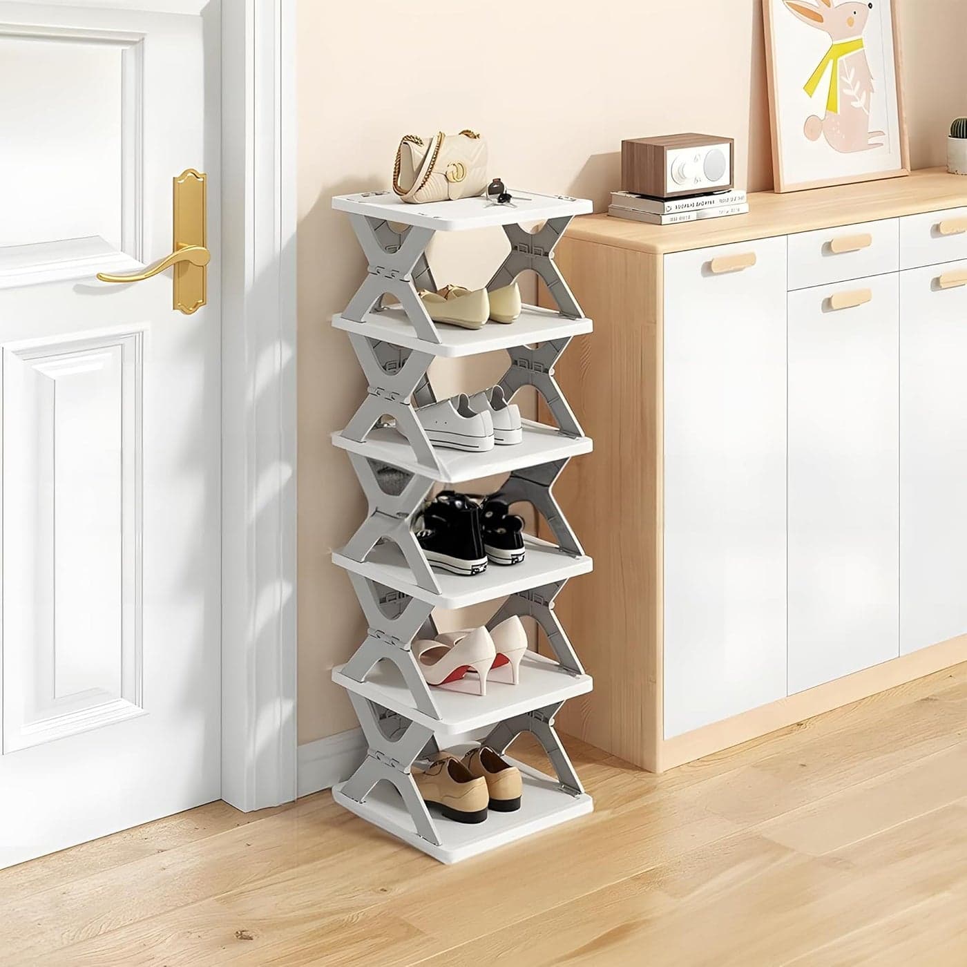 HUYFGDYSA 6 Tier Kids Shoe Rack Collapsible Shoe Rack for Kids Rooms Foldable Vertical Shoe Organizer for Front Door Entrance Compact Shoe Storage Shelf for Narrow Spaces GrayX