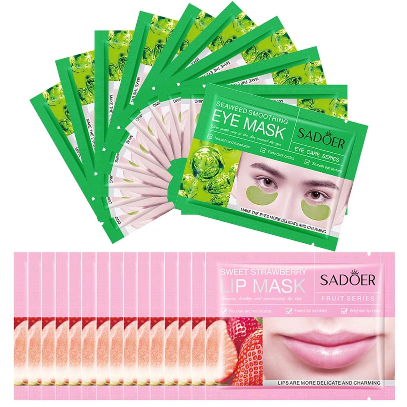 MEICOLY 30 Pads Lip and Eye Mask SheetMoisturizing Seaweed Eye Mask Crystal AntiAging Eye Patches Strawberry Lip MaskDark Circle Remover with BoxLip and Eye Mask Set