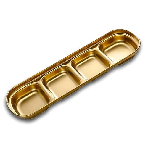 Snevad Gold Dipping Sauce Dish Stainless Steel Golden Set Divided Sauce Dishes Platter (4 Compartment) Stainless Steel Divided Food Kitchen Condiment Snacks Serving Tray Dinner Plate Tray for Adults