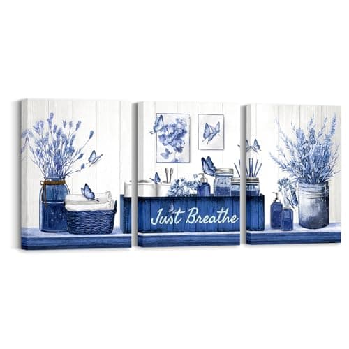 RnnJoile Navy Blue Bathroom Decor Botanical Butterflies Wall Art Just Breathe Sign Canvas Painting for Home Bathroom Decorations 12"x16" Each
