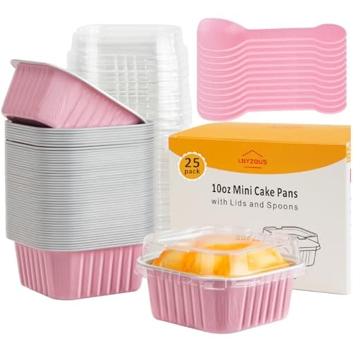 LNYZQUS Mini Cake Pans with Lids 25 Pack,10oz Small Baking Tins Foil Muffin Cups for Brownie, Individual 4” Bread Pan Disposable Cupcake Containers for Valentine Holiday Bake Sale-Pink