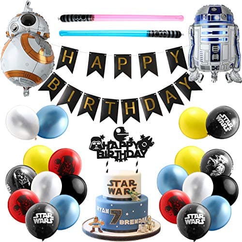 Haooryx 35PCS Galaxy Wars Birthday Party Favor Supplies for Kids Black Series Birthday Banner Darth Vader Cake Topper Decoration Latex Balloons War Lightsaber BB8 Robot Aluminum Foil balloons