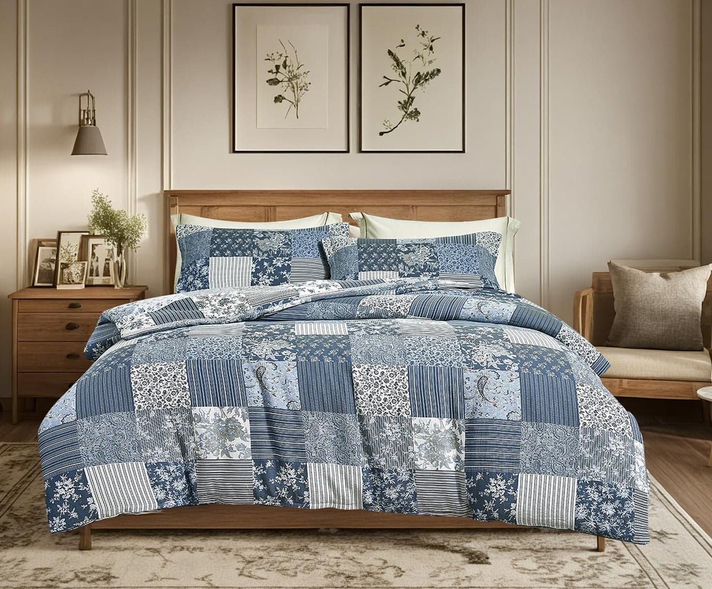 SLEEPBELLA Washed Double Layer Muslin 100 Cotton Comforter Set Queen Size Boho Blue Patchwork Fluffy Thick Checked Bedding Set Soft Breathable 1 Comforter 2 Pillow Shams