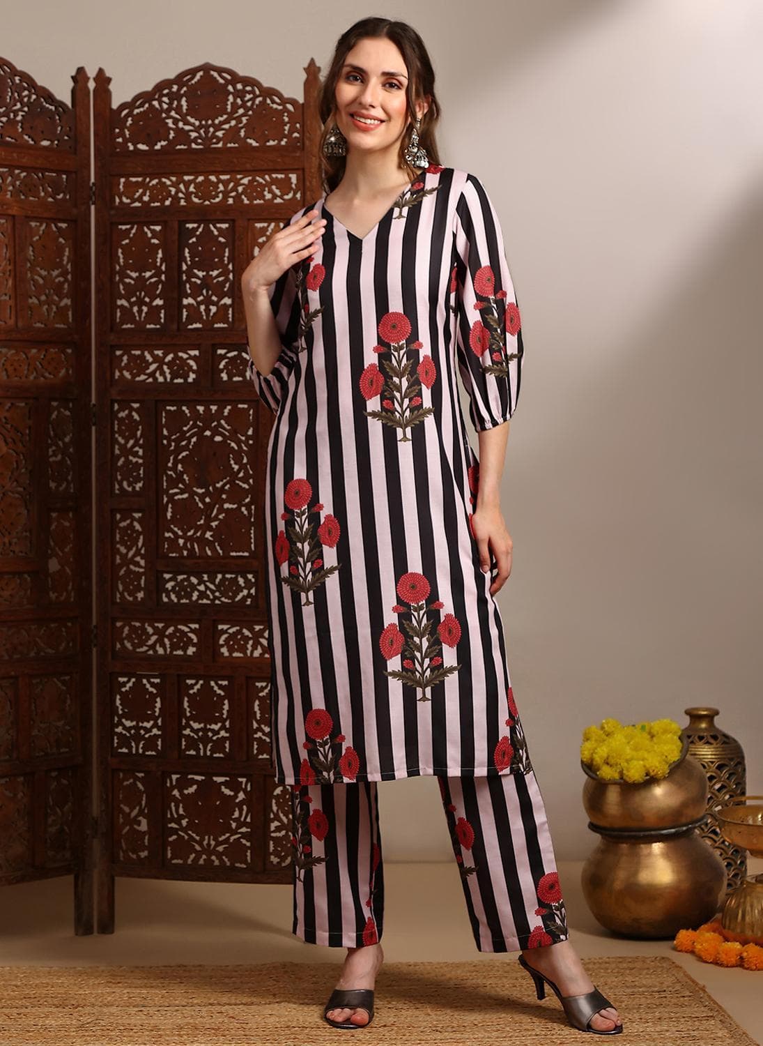 Globus Women Black V-Neck Bishop Sleeves Striped Floral Print Straight Kurta With Pants Set
