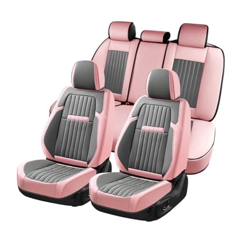 Coverado Car Seat Covers Full Set Nappa Leather Seat Covers for Cars Waterproof Car Seat Covers Front Seats and Back Automotive Car Seat Protector Car Seat Cushion Fit for Most Cars PinkGrey