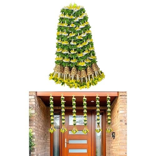 Afarza Toran Garland for Door Decoration Festival Wedding Backdrop Haldi Mehndi Home Decor Hanging with Golden Bells, 6 Pieces (Yellow White)