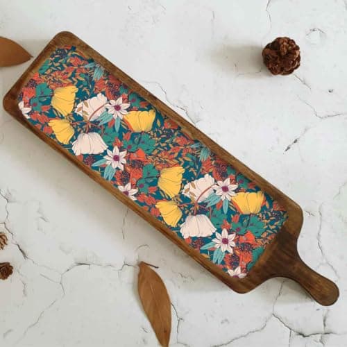 Nutcase Stylish Serving platters for Snacks | Mango Wooden Bat Platter Rectangular Tray with Handle - Flower Yellow