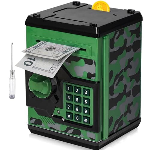 ATM Piggy Bank for Boys Girls Vcertcpl Mini ATM Coin Bank Money Saving Box with Password Kids Safe Money Jar for Adults with Auto Grab Bill Slot Great Gift Toy Bank for Kids Camouflage GreenGray