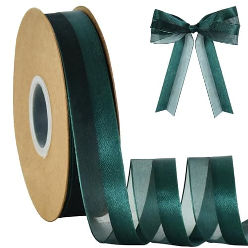 TONIFUL 1 x 50 Yard Dark Green Half Sheer Half Satin Ribbon Sheer Satin Ribbon for WeddingBaby ShowerValentines and Birthday Party Decor Bouquets Gift Boxes Wrapping and Handmade Craft