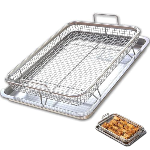 ELEXIQ 2 Piece Stainless Steel Air Fryer Basket for Oven, Crisper Tray and Basket Oven Air Fry Pan Mesh Basket Set,Non-Stick Crisper Oven Tray for Baking and Crispy Chicken,French Fries and Onion Rings (1) Steel Medium)