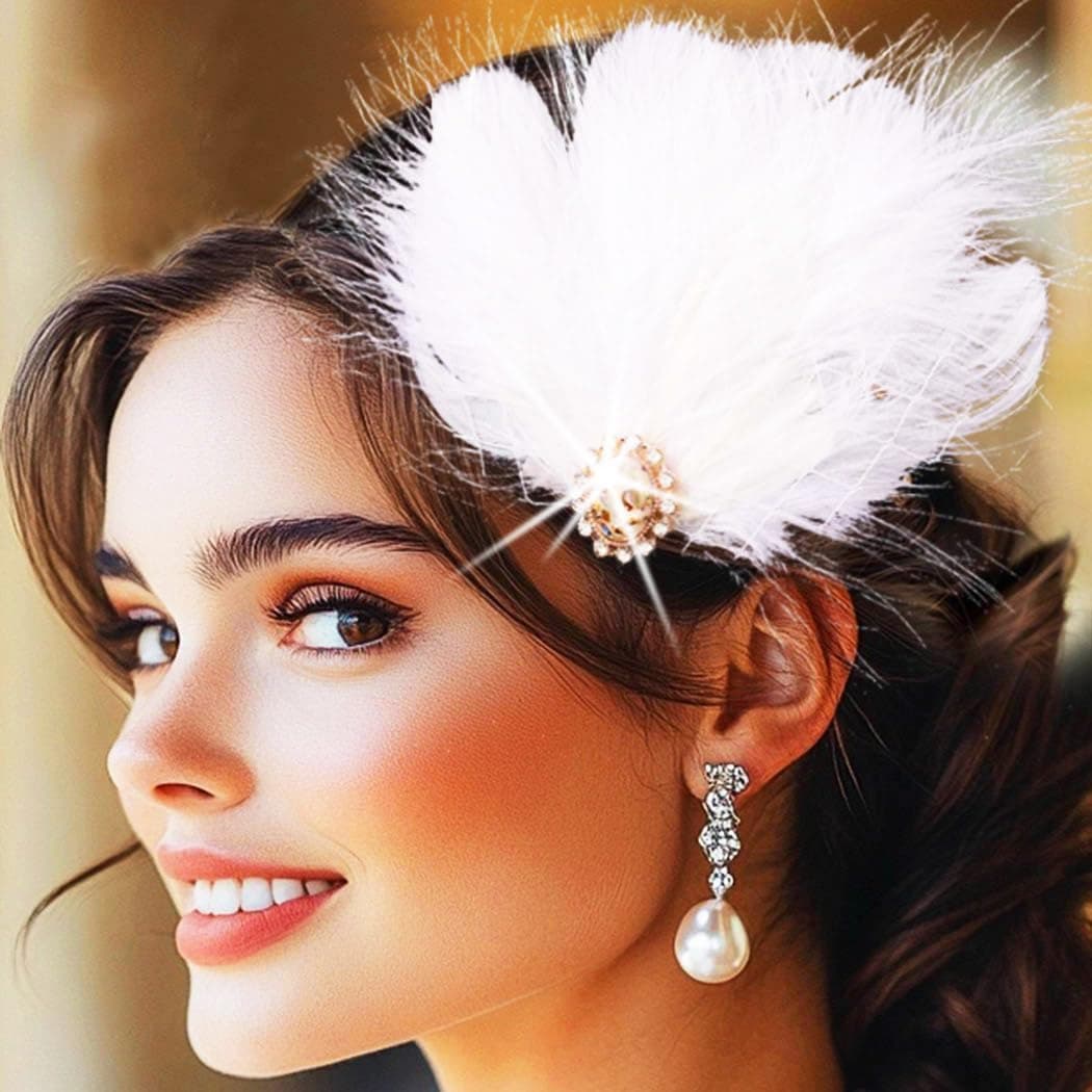 1920s Flapper Headband White Feather Hair Clip Rhinestone Headpiece Prom Party Hair Accessories for Women and Girls Pattern 1