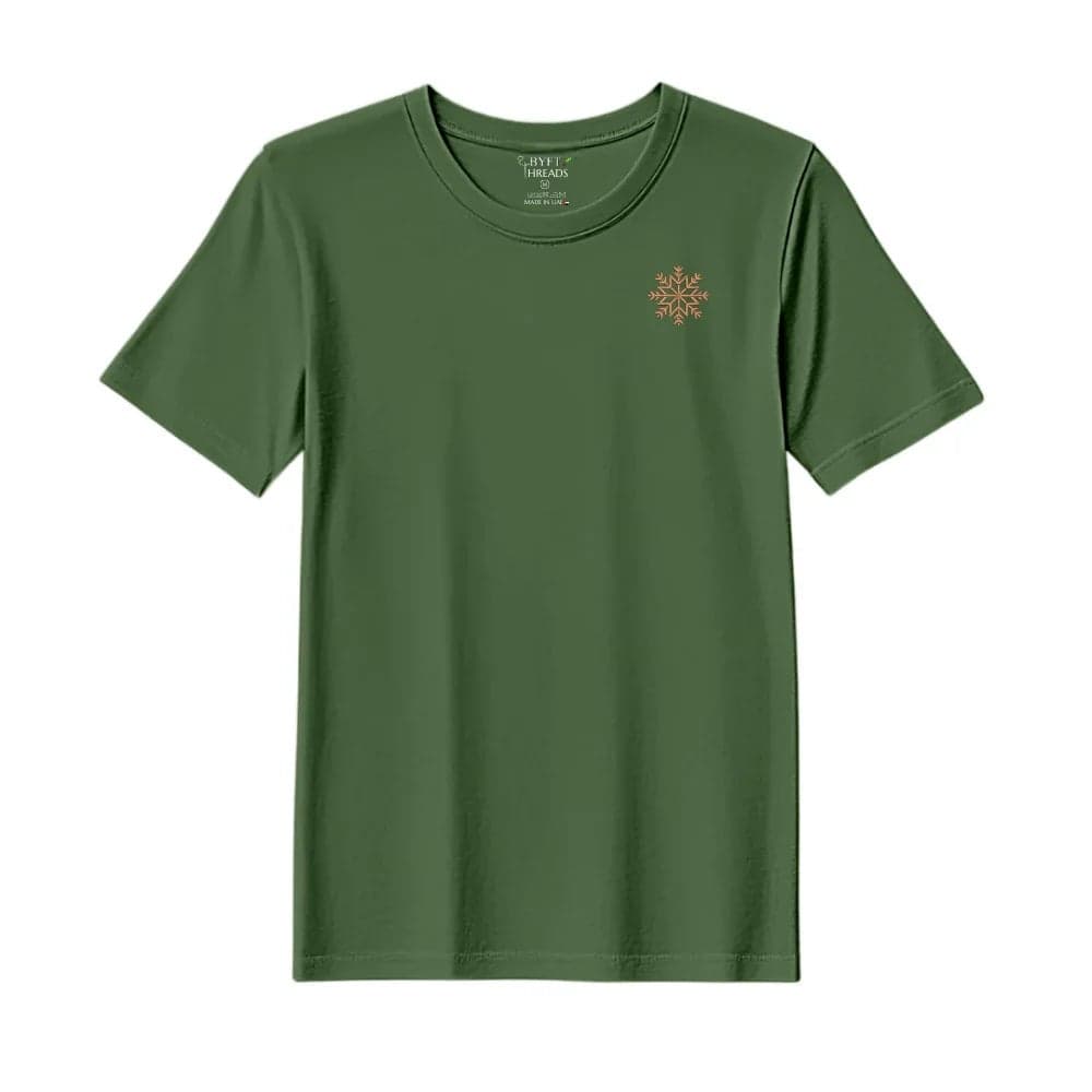 Threads Medium Forest ELF Green Polycotton T-Shirt - Christmas "Christmas Snowflakes" Embroidered Design, Premium Holiday Collection