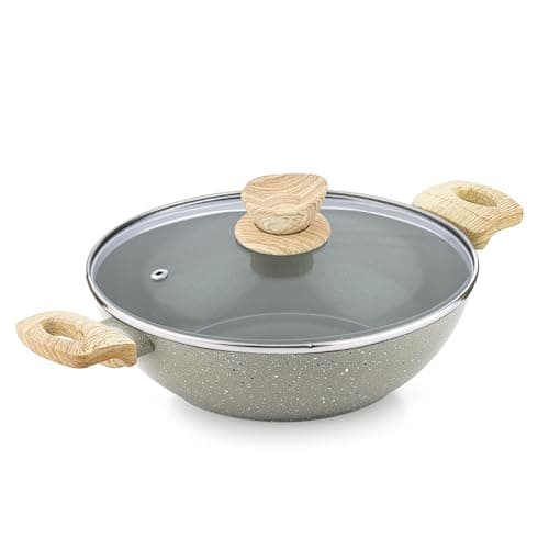 BERGNER Naturally Ceramic Forged Aluminium 26cm Kadai with Glass Lid, 3 Liters Kadhai with Wooden Soft Touch Handles, Less Oil Use, Healthy and Durable Cookware - Induction Bottom and Gas Stove Ready