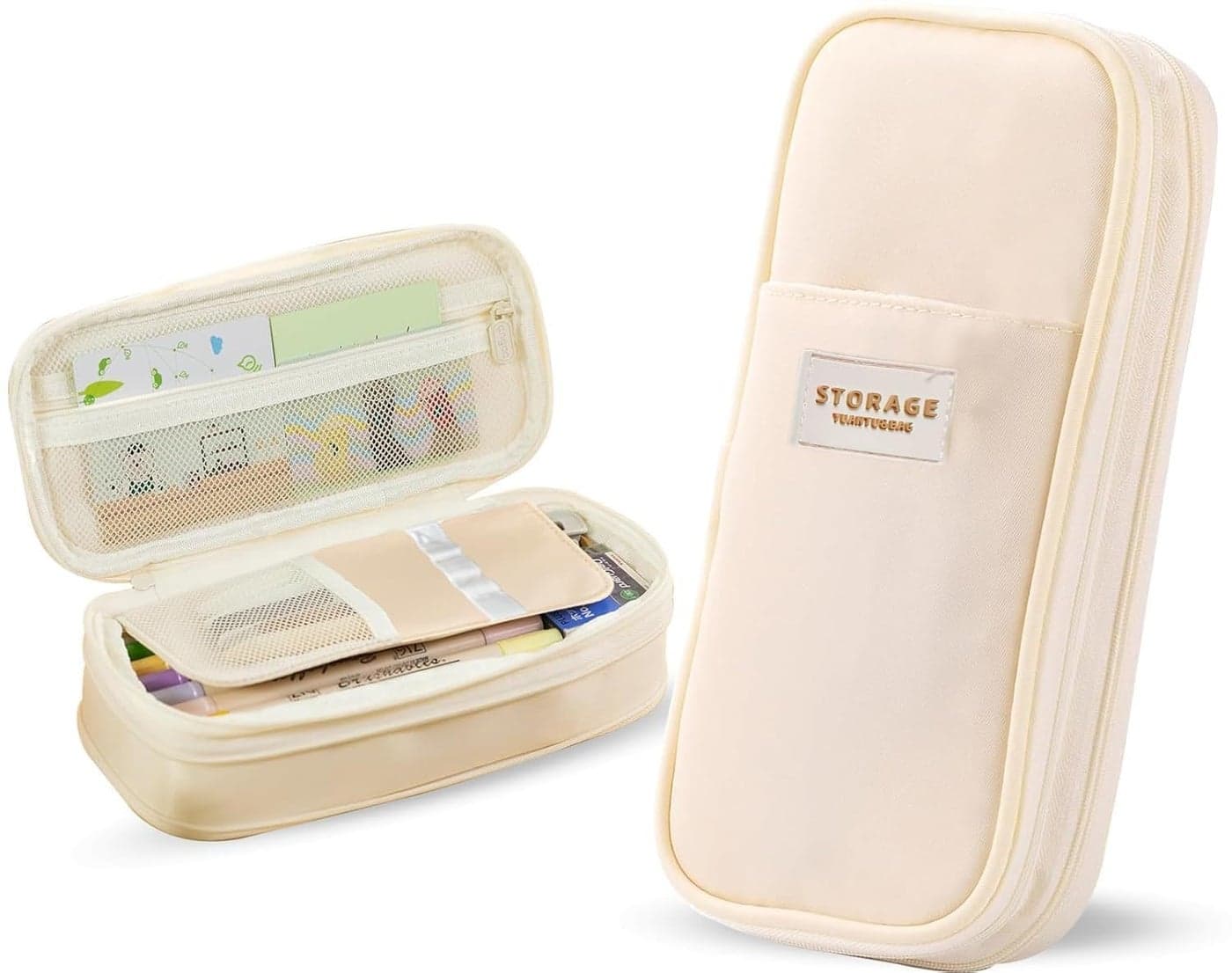 Hexwell Large Capacity Pencil Pouch Cute Korean Aesthetic Pen Case for Girls, Boys, Kids, Women - Big Zipper Stationery Organizer for School, College, Office & Return Gifts (Beige)
