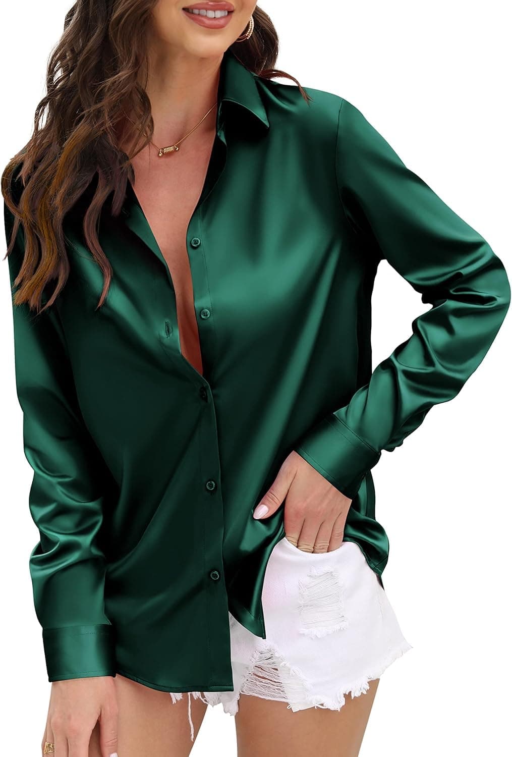 IndoPrimo Shirt for Women | Women Shirt | Shirt for Women | Full Sleeve Shirt for Women | Satin Shirt for Women | Western Shirt for Women Stylish | Shirt for Girls (in, Alpha, S, Green)