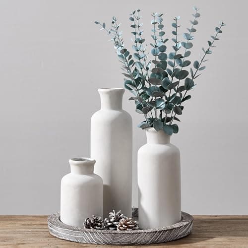 LUKA Ceramic Vase Set of 3,Decorative Terracotta Vases for Home Decor,Rustic Pottery Vase for Your Bedroom,Office,Living Room,Fireplace,Bookshelf (10+7.5+5 Inch) (Antique-White)