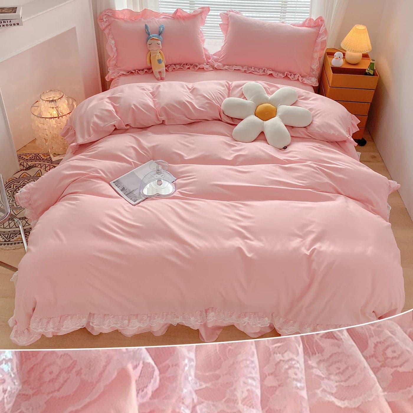 MOOWOO Chic Ruffle Lace Polyester Duvet Cover Set Girl Pink Bedding2 Piece Twin Duvet Cover with Zipper Closure Ultra Soft and Light Weight Pink Twin
