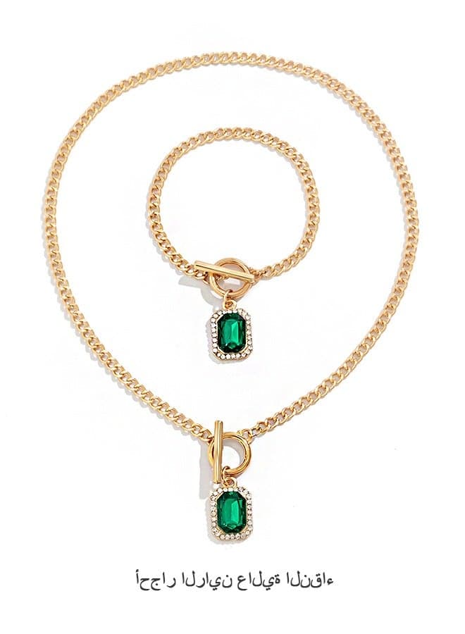 Emerald Rhinestones Necklace Set, Anti Rust and Anti Fading 14K Gold Necklace and Bracelet, Fashion Jewelry Gift (Golden)