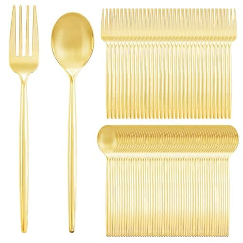SUT 200PCS Gold Plastic Forks and Spoons Heavy Duty Set, Gold Disposable Silverware, gold Cutlery, Disposable Utensils, Plastic Flatware Includes 100 Forks, 100 Spoons for Party