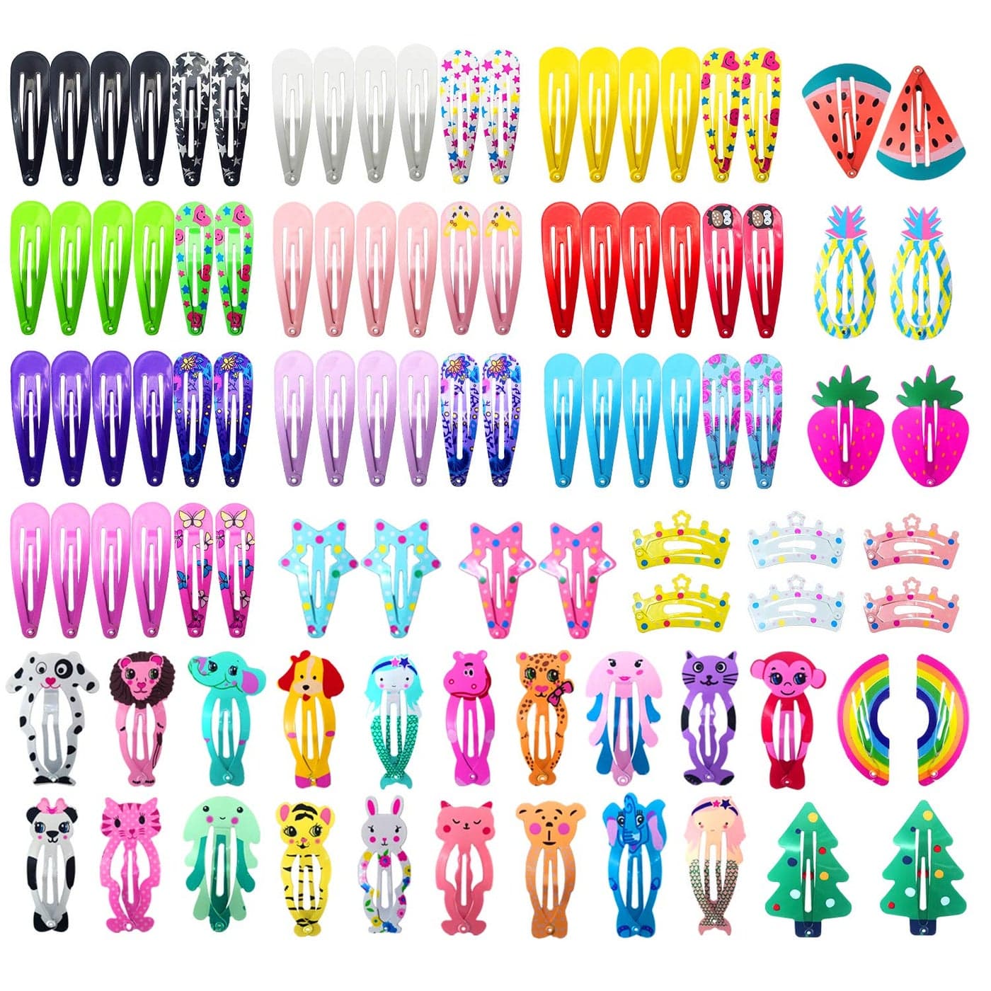 Funtopia Hair Clips for Girls100 Pcs No Slip Metal Snap Barrettes for Kids Teens Women Cute Candy Color Cartoon Design Hair Pins Animals Fruits Crowns Stars