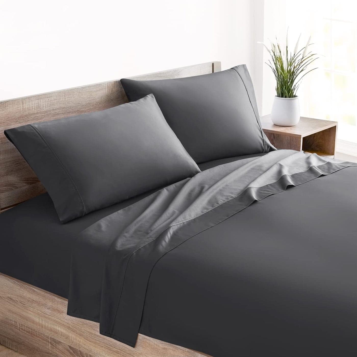 Mellanni 400 Thread Count Cotton Sateen Bedding Set 4 Piece White Bed Sheets Set Fits Mattresses up to 16 Deep Cooling Sheet for Hot Sleepers King Gray