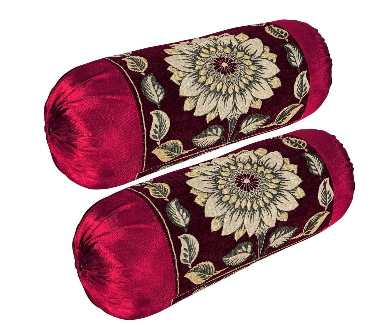 Outlay Home Luxury Chennile Velvet Bolster Covers, Set of 2 Diwan Set |Printed Bolster Pillow Covers Throw Bolster Covers| Booster Covers, 32x16 Inches, Maroon