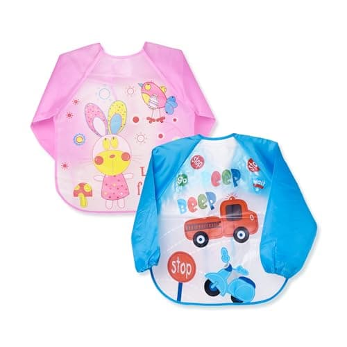 THE LITTLE LOOKERS Full Sleeves Washable Waterproof Bib/Apron with Tying Robe| Cute Prints| Quick Dry PVC Baby Bibs for Newborns/Infants/Toddlers/Babies (6-36months) (Pack of 2)