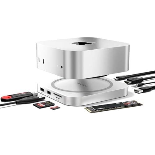 Macally Mac mini M4 Dock and Stand Mac mini M4 Hub with M2 NVMe Enclosure 4K HDMI 60hz 3 USB A10Gbps USB C Data Port SD Card Reader 35mm Audio Jack