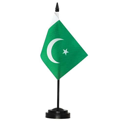 Anley Pakistan Deluxe Desk Flag Set - 6 x 4 Inch Miniature Pakistani PK PAK Desktop Flag with 12" Solid Pole - Vivid Color and Fade Resistant - Black Base and Spear Top