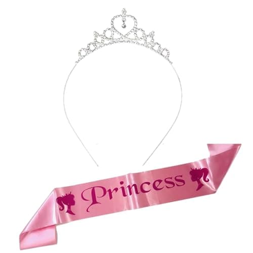 Curated Cart Tiara with Princess Sash – Birthday Accessories, Crown for Baby Girl, Queen Crown for Women, Jewellery for Kids Girls, Birthday Gifts - 2 PCS Combo