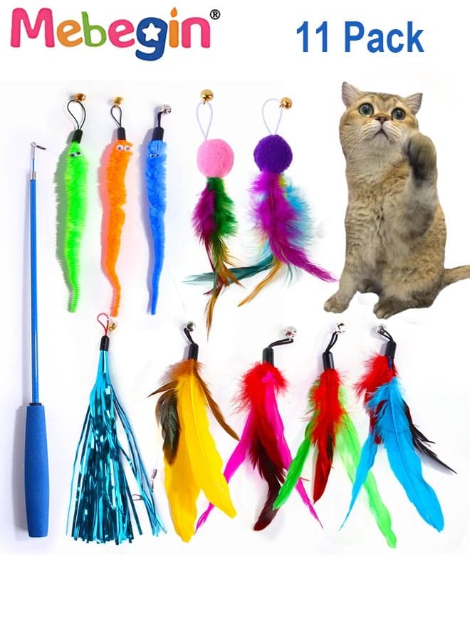 11PCS Cat Toys Set with Cat Teaser Stick, Feather Toys and Other Cat toys, Kitten Toys Assortments, Funny Interactive Cat Toys, Various Cat Enrichment Toys, Soft Safe Cat Toys(Random Color)