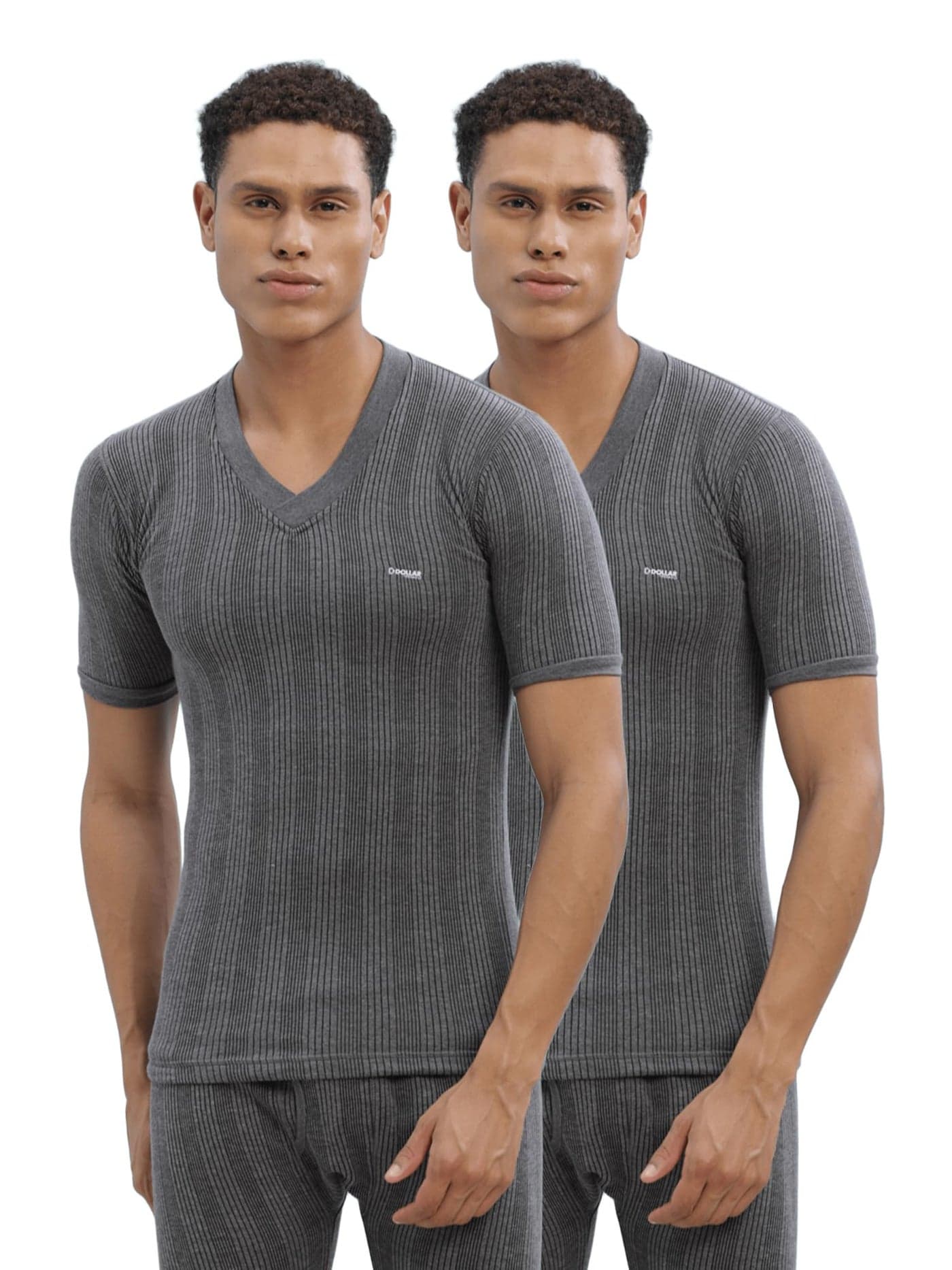 Dollar Ultra Pack of 2 Combed Cotton Men V Neck Half Sleeve Thermal Top Grey