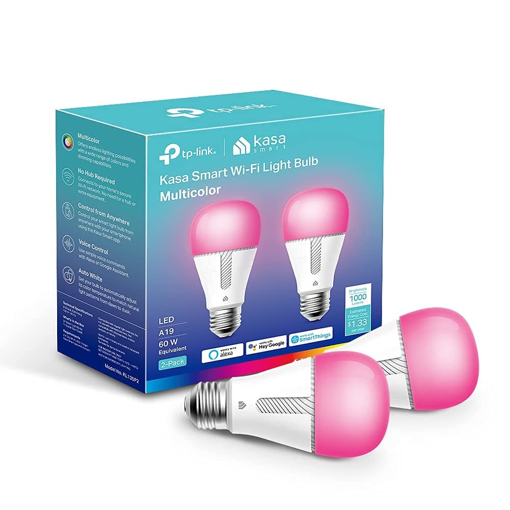 Kasa Smart Bulb, 1000 Lumens Full Color Changing Dimmable Smart WiFi Light Bulb Compatible with Alexa and Google Home, 11W, A19, 2.4Ghz only, No Hub Required (KL135P2), 2-Pack,White