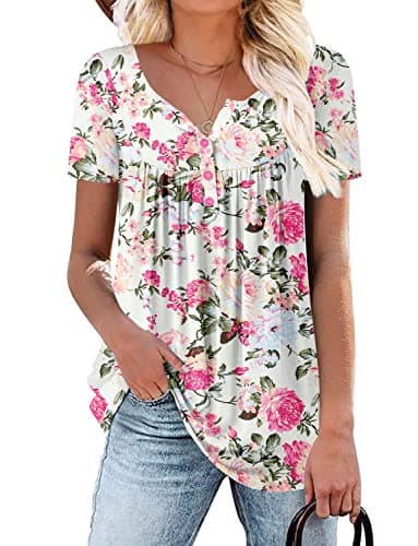 Womens Summer Tops White Blouses Short Sleeve Tunic Tops to Wear with Leggings L